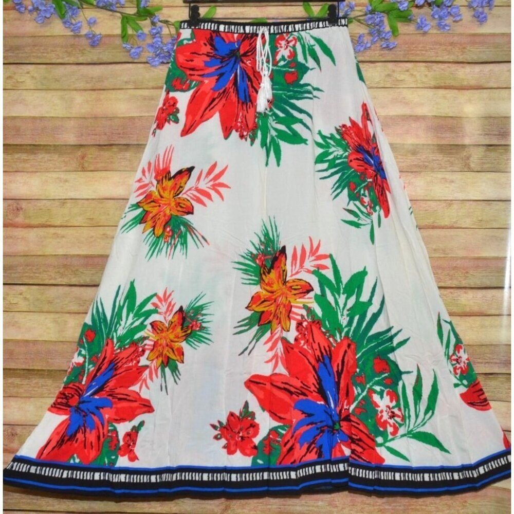 Flying Tomato White A-Line Maxi Skirt with Red, Green & Blue Floral Print